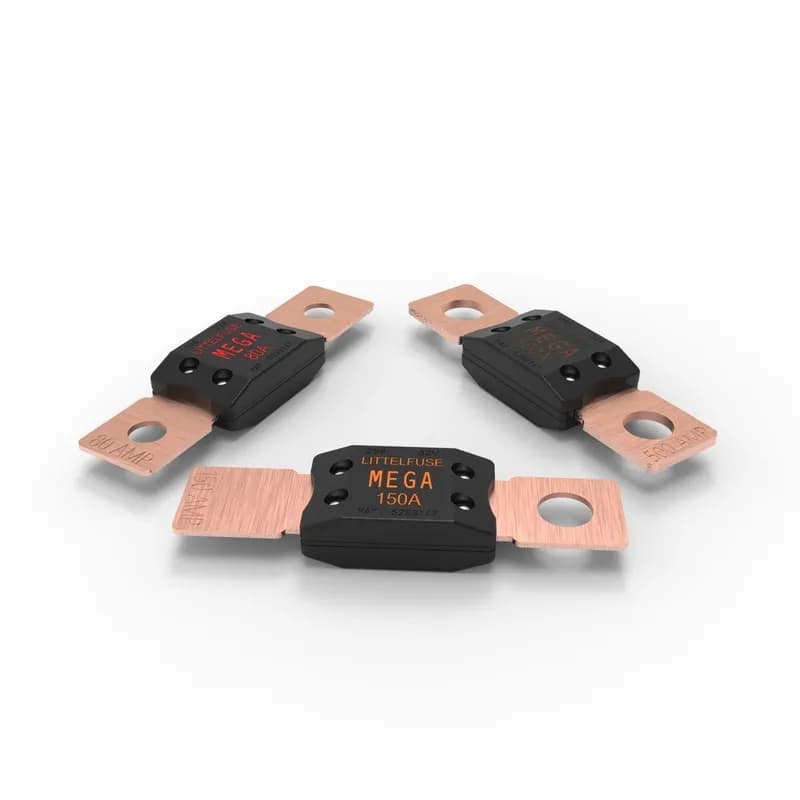 MEGA® SLO-BLO® automotive fuses employ diffusion pill technology to provide time-delay circuit protection. MEGA fuses are ideal for use on batteries, alternators, and heavy gauge wire harnesses that experience large inrushes of current. Use MEGA fuses with ratings of 300 A to 500 A only for short circuit protection.