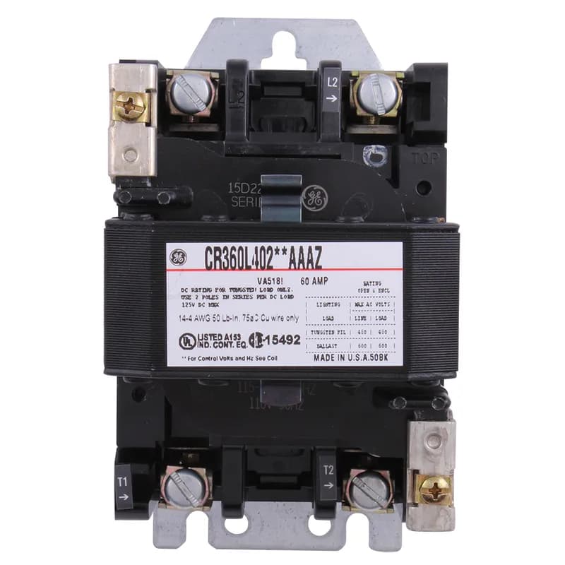 ABB - Electrification CR360L40202AAAZ - Lighting Contactors, Electrically Held, Number of Poles: 2, Contact Configuration: 2 Normally Open, Contact Current Ratings: 60 Amp, Contact Voltage Ratings: 600 VAC, Coil Rating: 120 VAC, Enclosure Type: Open Type, Dimensions: 6.63 Height x 5.38 Depth x 3.75 Width Inch