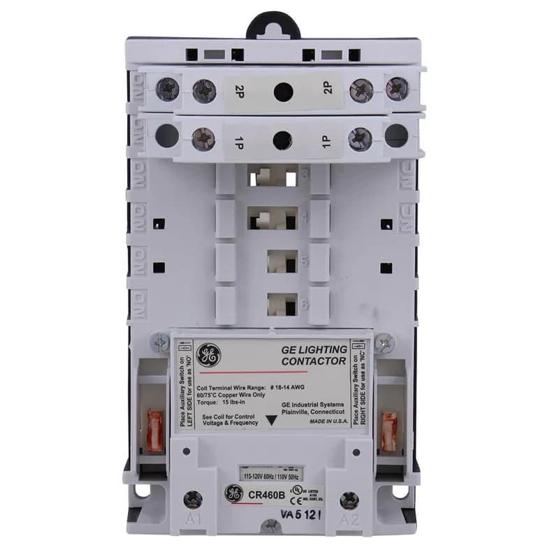 CR463L Electrically Held Contactors. 30A (2-12 pole). Standard Assembled Forms. Contact position indication—when button protrudes, contact is closed. Power poles are available as single or double poles, creating 74 different circuit combinations. Convenient side access field power wiring. Contact configuration indicator. Standard base for all pole configurations. Robust pole terminals accept up to two #8 AWG wires. Manual operator. Fast, sure three-point mounting. Enclosed contacts resist contaminants for greater reliability. Combination slotted/#2 Phillips screws. Common, easily installed power poles change from NO to NC (or vice versa) simply by unlatching and rotating 180°. Power poles rated for the range of tasks: —30A rated contacts —15A motor rated —A600 Pilot duty rated. Easy-to-read rating label. Auxiliary contacts, rated A600, are suitable for use on low level circuits down to 12V, 5mA. Plug-in auxiliary contacts are NO when installed on the left side of the base, NC on the right. Finger and back-of-hand safe power terminals. Quick-view coil voltage. Easy-change coil. Low magnetic noise results in quiet operation.
