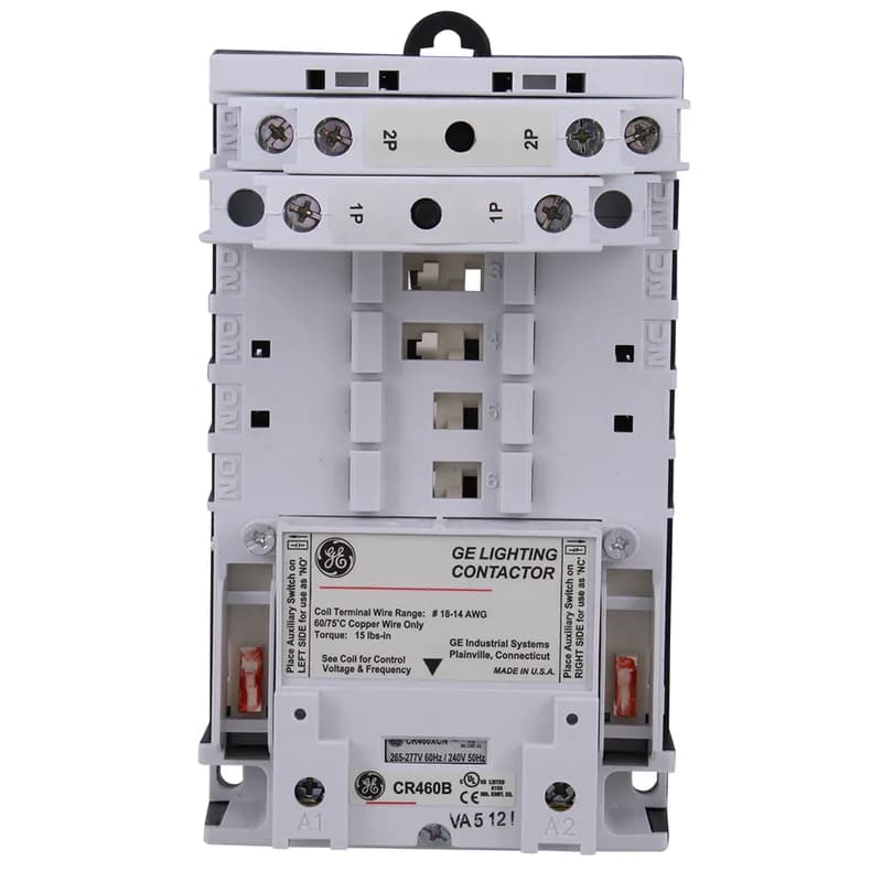 CR463L Electrically Held Contactors. 30A (2-12 pole). Standard Assembled Forms. Contact position indication—when button protrudes, contact is closed. Power poles are available as single or double poles, creating 74 different circuit combinations. Convenient side access field power wiring. Contact configuration indicator. Standard base for all pole configurations. Robust pole terminals accept up to two #8 AWG wires. Manual operator. Fast, sure three-point mounting. Enclosed contacts resist contaminants for greater reliability. Combination slotted/#2 Phillips screws. Common, easily installed power poles change from NO to NC (or vice versa) simply by unlatching and rotating 180°. Power poles rated for the range of tasks: —30A rated contacts —15A motor rated —A600 Pilot duty rated. Easy-to-read rating label. Auxiliary contacts, rated A600, are suitable for use on low level circuits down to 12V, 5mA. Plug-in auxiliary contacts are NO when installed on the left side of the base, NC on the right. Finger and back-of-hand safe power terminals. Quick-view coil voltage. Easy-change coil. Low magnetic noise results in quiet operation.
