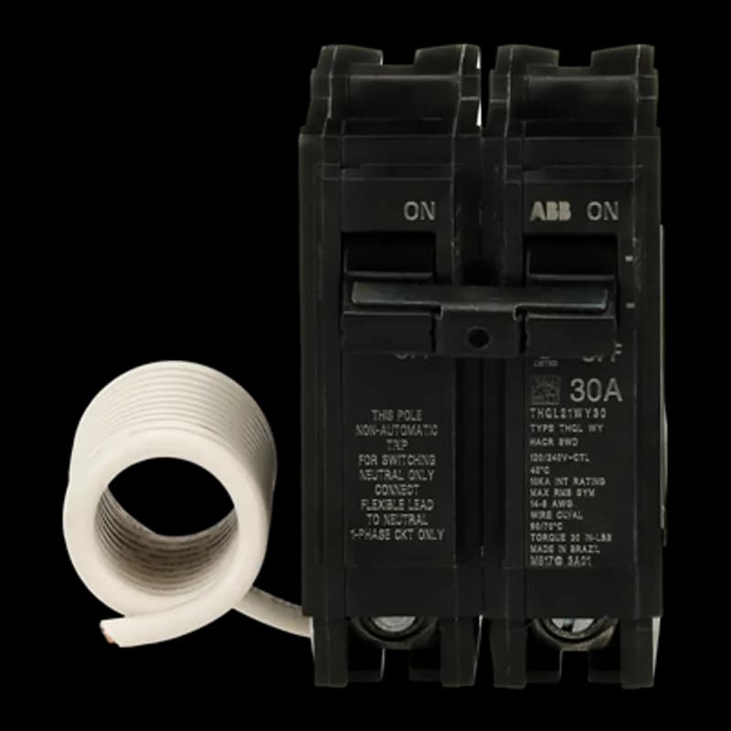 ABB - Electrification THQL21WY30 - A Molded Case Switch Breaker Is used to protect the circuit from being overwhelmed with large amounts of current. This could result in the breaker short circuiting or overloading. The THQL21WY30 breaker features 2 poles, an ampere rating of 30 A, an interrupting rating of 10kAIC, and a voltage rating of 240 V.
