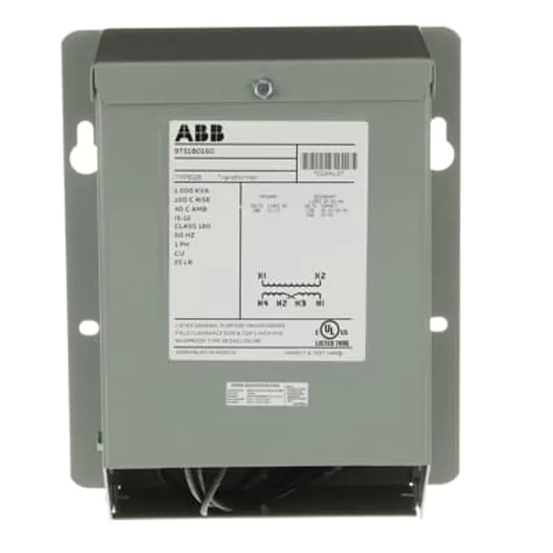 ABB's QB single phase transformers feature encapsulated core and coils in a NEMA 3R nonventilated weatherproof enclosure. Knock outs provided on back and bottom. Mounting holes on side for easy access. Wiring compartment includes ground stud.
