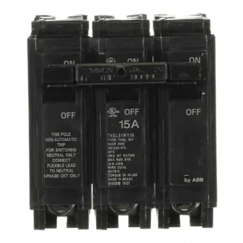 ABB - Electrification THQL31WY15 - A Molded Case Switch Breaker Is used to protect the circuit from being overwhelmed with large amounts of current. This could result in the breaker short circuiting or overloading. The THQL31WY15 breaker features 3 poles, an ampere rating of 15 A, an interrupting rating of 10kAIC, and a voltage rating of 240 V.