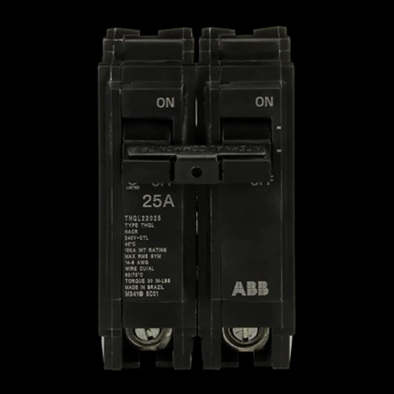 Q Line circuit breakers are one-inch wide per pole, compact, thermal-magnetic devices designed for residential and commercial applications in load centers or lighting panels. All Q Line circuit breakers feature Quick-make / Quick-break mechanisms, common trip bars, and easy to spot trip indication to ensure safety and reliability. Q Line breakers can be ordered with auxiliary contact and shunt trip accessories, and can be ordered for use in HID applications. The THQL22025 breaker features 2 poles, an ampere rating of 25 A, an interrupting rating of 10kAIC, and a voltage rating of 240V.