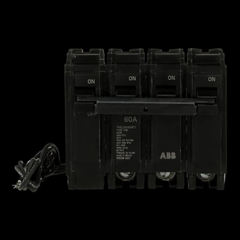 Shunt Trip breakers provide all the basic features of a standard breaker, plus they provide a connection for an external power shut off switch outside the main breaker. The THQL32060ST1 breaker features a shunt trip, 3 poles, an ampere rating of 60 A, an interrupting rating of 10kAIC, and a voltage rating of 240V.