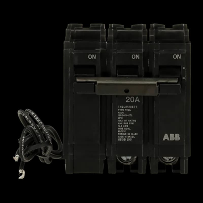 Shunt Trip breakers provide all the basic features of a standard breaker, plus they provide a connection for an external power shut off switch outside the main breaker. The THQL2120ST1 breaker features a shunt trip, 2 poles, an ampere rating of 20 A, an interrupting rating of 10kAIC, and a voltage rating of 120/240V.
