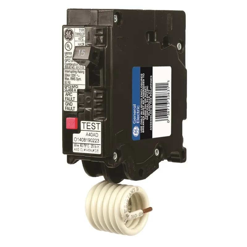 Dual Function breakers (DFCI) combine the functions of AFCI and GFCI breakers, for even more protection for your home. The THHQ1115DF breaker features DFCI technology, one pole, an ampere rating of 15 A, a 22kAIC interrupting rating, and a voltage rating of 120/240V.