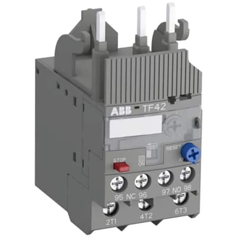 The TF42-0.55 thermal overload relay is an economic electromechanical protection device for the main circuit. It offers reliable and fast protection for motors in the event of overload or phase failure. The device has trip class 10. Further features are the temperature compensation, trip contact (NC), signal contact (NO), automatic- or manual reset selectable, trip-free mechanism, STOP function and a trip indication. The overload relays are connected directly to the block contactors. Single mounting kits are available as accessory.