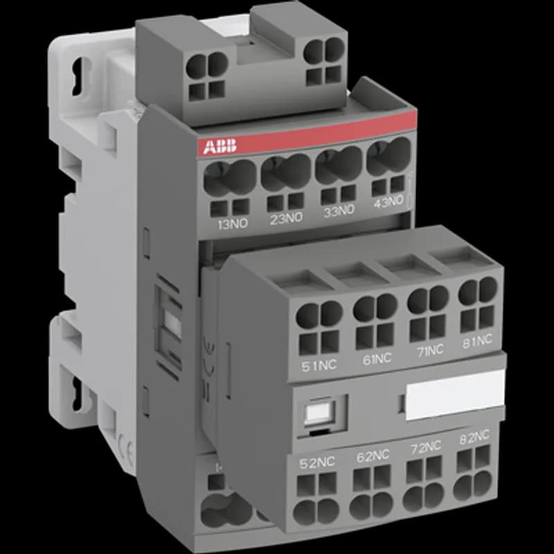ABB - Electrification NF80EK-14 - NF..K contactor relays are used for switching auxiliary and control circuits. NF contactor relays include an electronic coil interface accepting a wide control voltage Uc min. ... Uc max. Only four coils cover control voltages between 24...500 V 50/60 Hz or 20...500 V DC. NF contactor relays can manage large control voltage variations. One coil can be used for different control voltages used worldwide without any coil change. NF contactor relays have built-in surge protection and do not require additional surge suppressors. NF..K include Push-in Spring terminals. Only one push is all you need for extremely fast wiring: faster than ever installation, easier than ever wiring, reliable as ever connections. Poles: 8-pole contactor relays with a non-removable front-mounted auxiliary contact block (mechanically-linked auxiliary contacts compliant with Annex L of IEC 60947-5-1 and including the "Mechanically Linked" symbol on the contactor relay side).