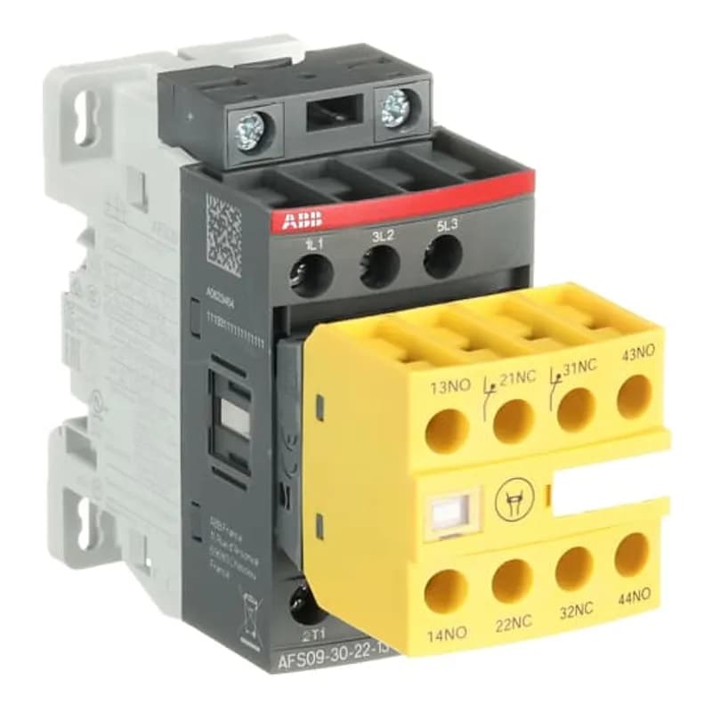 AFS09 ... AFS38 contactors are designed for machine safety applications. They are delivered with fixed front-mounted auxiliary contact blocks making them ideal for monitoring and controlling circuits. Mechanically linked and mirror contacts make your system safer. - control circuit with electronic coil interface: - 24...60 V AC, 20...60 V DC and 100...250 V AC / DC operated accepting a wide control voltage range - reduced panel energy consumption - mirror and mechanically linked contacts, with front marked symbol acc. to IEC60947-5-1, always guaranteeing the right contactor status - front-mounted auxiliary contact block: - permanently fixed - protective cover to prevent manual operation - yellow housing for easy identification - minimum switching capacity 12 V / 3 mA, with a failure rate 10-7 acc. to IEC 60947-5-4 - built-in surge suppression