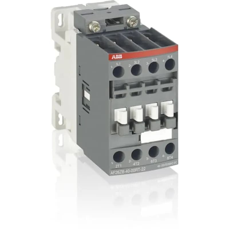 AF38B..RT 4-pole contactors comply with the latest railway rolling stock standards and allow installation in passengers or driver cabins for trains frequently operating tunnels or undergrounds. They are mainly used for controlling non-inductive or slightly inductive loads and generally for controlling power circuits up to 690 V AC and 440 V DC. Improve the compactness of the installations thanks to reduced dimension and side-by-side mounting requiring less 15% width (without spacing) from -40 °C up to +70 °C. Meet all main rollling stocks standards: IEC 60947-4-1, IEC 60947-5-1, IEC 60077-1/-2 and applicable parts of EN 50155 standards, shocks and vibration withstand conforming to IEC 61373 cat. 1, class B. Reach the highest levels in fire and smoke behaviour with compliance to European standard EN 45545-2 (HL2, HL3 hazard levels) in group mounting Reduce train energy with lighter devices and requiring 68% less coil energy consumption in operation. Electronic coil interface accepting sinusoïdal AC 50/60 Hz control supplies included inside Ucmin.... Ucmax voltage range. Max permitted AC 50/60 Hz control voltage must not be exceeded (see technical data). Wide range of auxiliary contact blocks for front and side mounting.