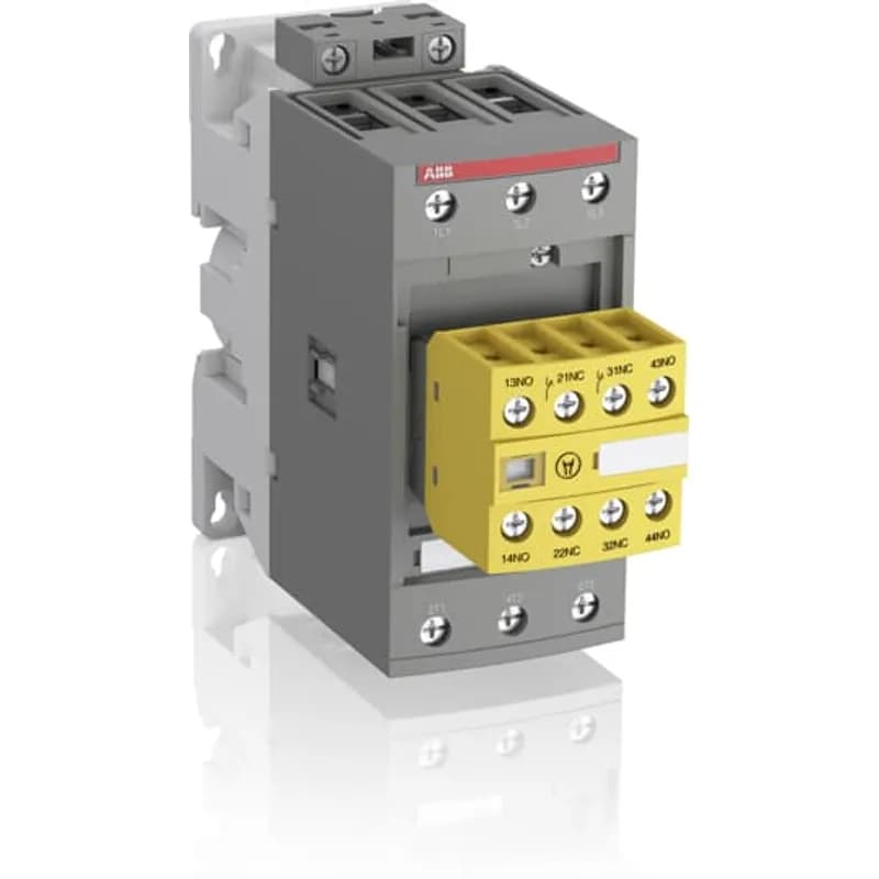 AFS40 ... AFS96 contactors are designed for machine safety applications. They are delivered with fixed front-mounted auxiliary contact blocks making them ideal for monitoring and controlling circuits. Mechanically linked and mirror contacts make your system safer. - control circuit with electronic coil interface: - 24...60 V AC, 20...60 V DC and 100...250 V AC / DC operated accepting a wide control voltage range - reduced panel energy consumption - mirror and mechanically linked contacts, with front marked symbol acc. to IEC60947-5-1, always guaranteeing the right contactor status - front-mounted auxiliary contact block: - permanently fixed - protective cover to prevent manual operation - yellow housing for easy identification - minimum switching capacity 12 V / 3 mA, with a failure rate 10-7 acc. to IEC 60947-5-4 - built-in surge suppression