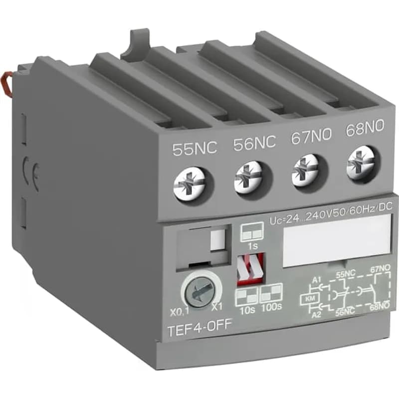 TEF4-ON or TEF4-OFF allow time-delayed functions up to 100 s in 3 distinct time ranges, independently of the control system. The time delay ranges are selected by a switch and the time delay can be adjusted by means of a rotary switch. The timing function is activated by closing or opening the device on which the timer is mounted. The OFF-delay version operates without additional control supply.