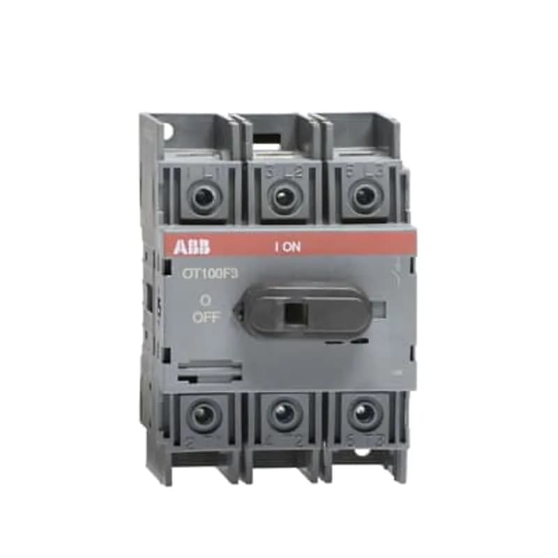 ABB - Electrification OT100F3 - 3-pole, front operated, base mounted, DIN-rail mountable switch-diconnector / non-fusible diconnect switch with front protected clamp terminals, handle and shaft are not included