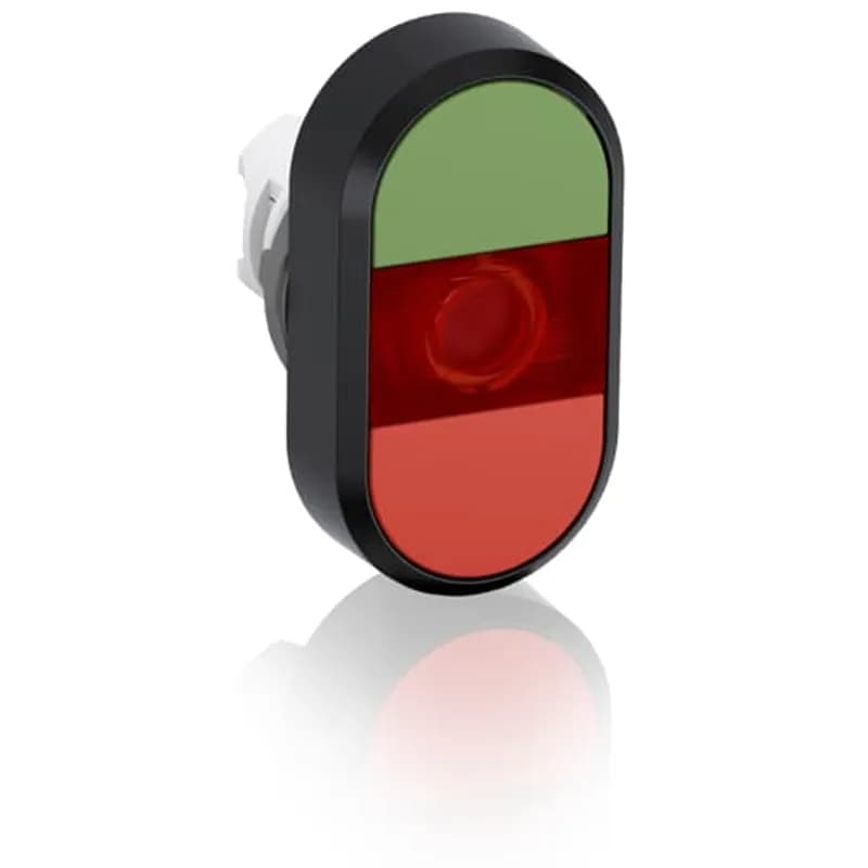 Modular Double Pushbutton - Momentary - Flush/Flush - Green/Red Actuator, Red Indicator - Illuminated - No contact block - Lower Button: No text - Upper Button: No text