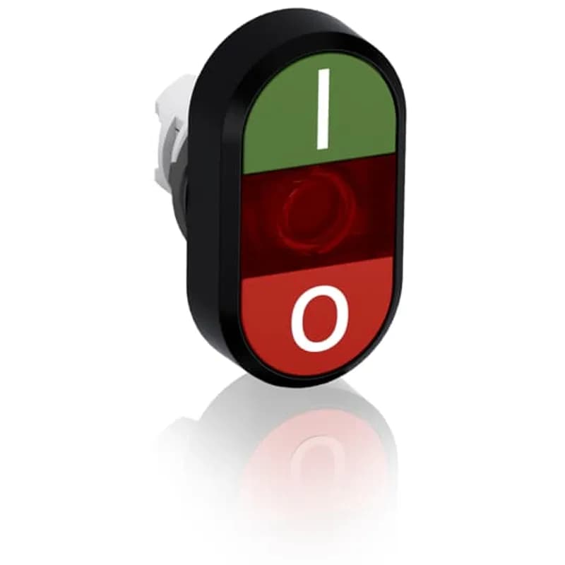 Modular Double Pushbutton - Momentary - Flush/Flush - Green/Red Actuator, Red Indicator - Illuminated - No contact block - Lower Button: O - Upper Button: I