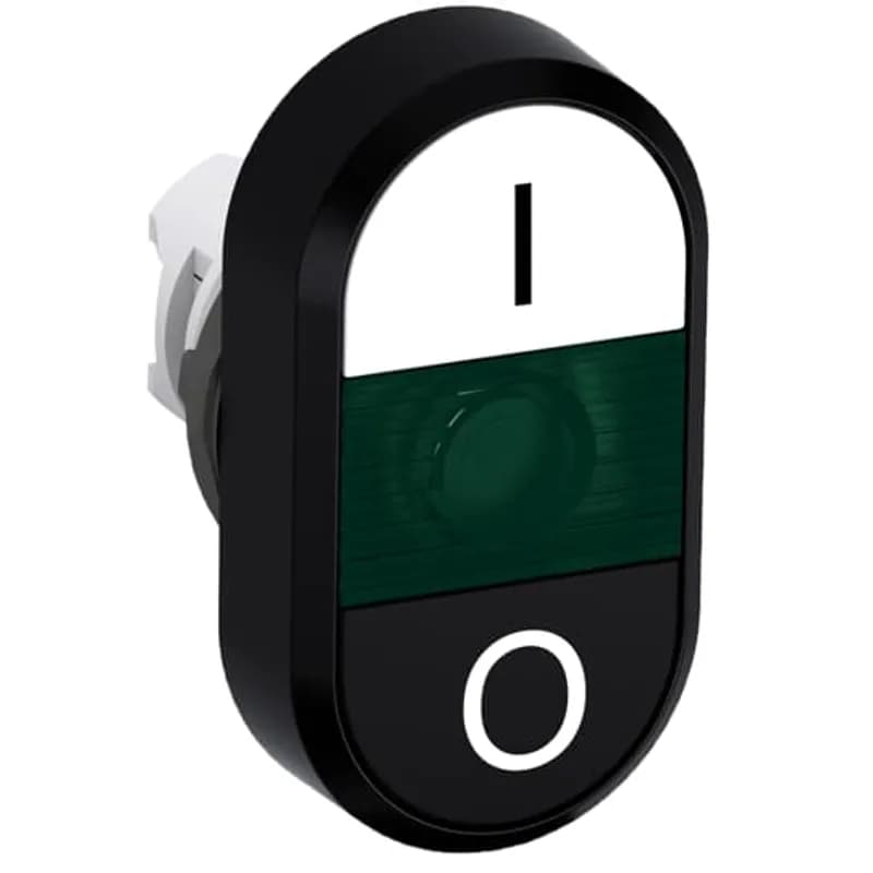 Modular Double Pushbutton - Momentary - Flush/Flush - White/Black Actuator, Green Indicator - Illuminated - No contact block - Lower Button: O - Upper Button: I