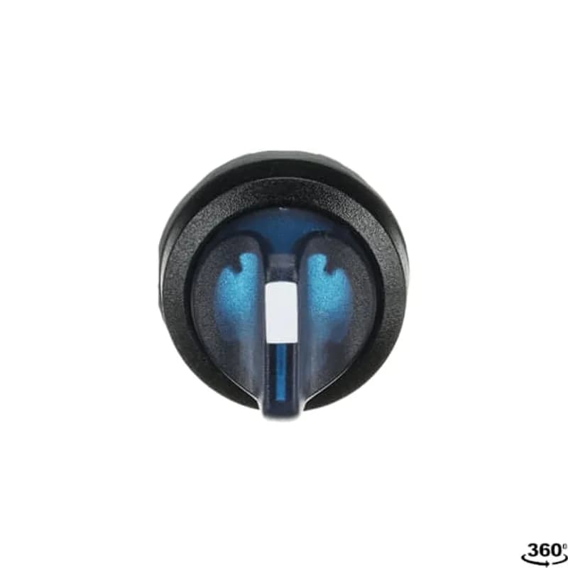 Modular Selector Switch - 3-Pos Maintained/Momentary, A and B fixed, spring return from C to B - Short handle - Blue - Illuminated - Black plastic - No contact block