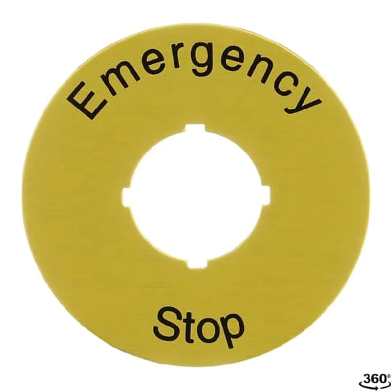 59 mm diameter legend plate for emergency stop and CEP enclosure with text: Emergency stop