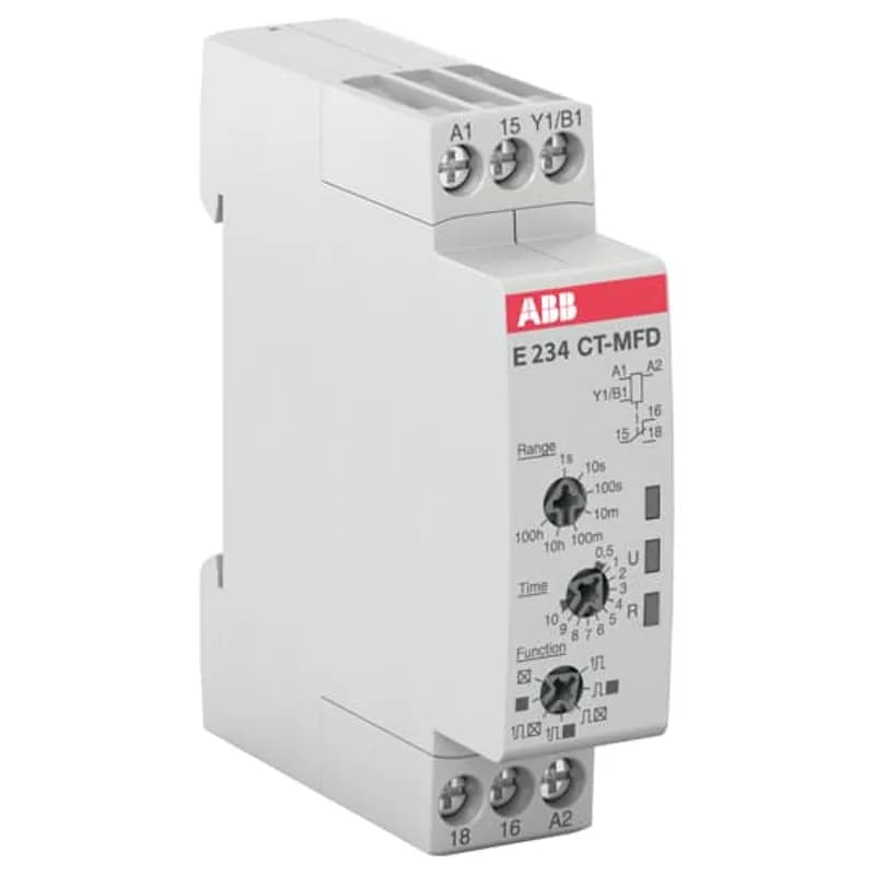 The CT-MFD.12 is a multifunction electronic time relay from the CT-D timer range. It provides 7 timing functions with 7 time ranges from 0.05 s to 100 h. This time relay operates with a rated control supply voltage of 24 - 48 V DC / 24 - 240 V AC and has a 1 c/o (SPDT) output rated at 250 V / 4 A. A control input works with voltage-related (non-floating) triggering.