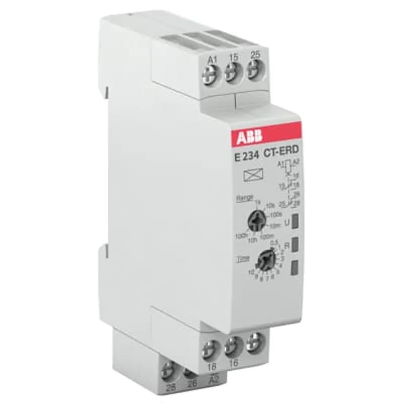 The CT-ERD.22 is a single-function electronic time relay from the CT-D timer range. It provides an ON-delay (delay on make) function with 7 time ranges from 0.05 s to 100 h. This time relay operates with a rated control supply voltage of 24 - 48 V DC / 24 - 240 V AC and has a 2 c/o (SPDT) output with contacts rated at 250 V / 4 A.
