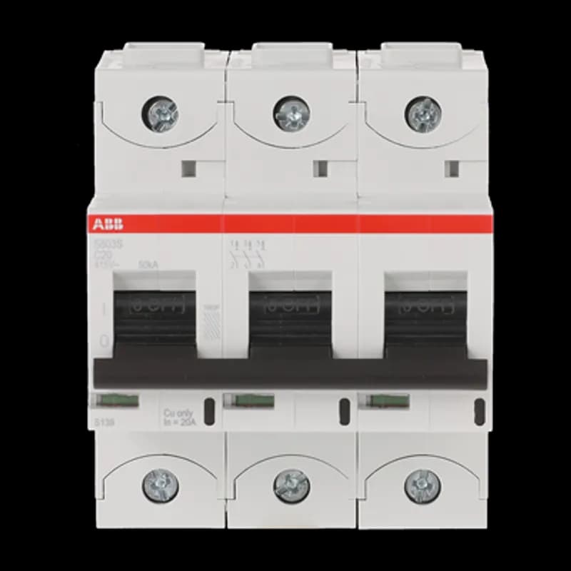 ABB - Electrification S803S-C20 - The S803S-C20 is a 3-pole High Performance Circuit breaker with C-characteristic, with cage terminal and a rated current of 20 A. It is a current limiting device with a maximum breaking capacity of 50kA at 240/415V. It can be used for voltages up to 400/690V and in DC as well. It has two different tripping mechanisms, the thermal tripping mechanism for overload protection and the electromechanic tripping mechanism for short circuit protection. The S803S-C20 complies with IEC/EN 60898-1 and IEC/EN 60947-2 and allows the use for residential, commercial and industrial applications. It has numerous of approvals, therefore it can be used worldwide. The extensive range of accessory makes the use of S803S-C20 more comfortable. Due to the fast arc extinction of S803S-C20 your application will be secured.