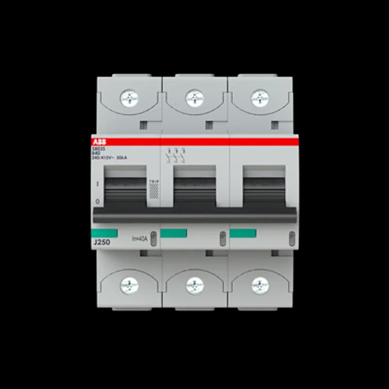 The S803S-B40 is a 3-pole High Performance Circuit breaker with B-characteristic, with cage terminal and a rated current of 40 A. It is a current limiting device with a maximum breaking capacity of 50kA at 240/415V. It can be used for voltages up to 400/690V and in DC as well. It has two different tripping mechanisms, the thermal tripping mechanism for overload protection and the electromechanic tripping mechanism for short circuit protection. The S803S-B40 complies with IEC/EN 60898-1 and IEC/EN 60947-2 and allows the use for residential, commercial and industrial applications. It has numerous of approvals, therefore it can be used worldwide. The extensive range of accessory makes the use of S803S-B40 more comfortable. Due to the fast arc extinction of S803S-B40 your application will be secured.