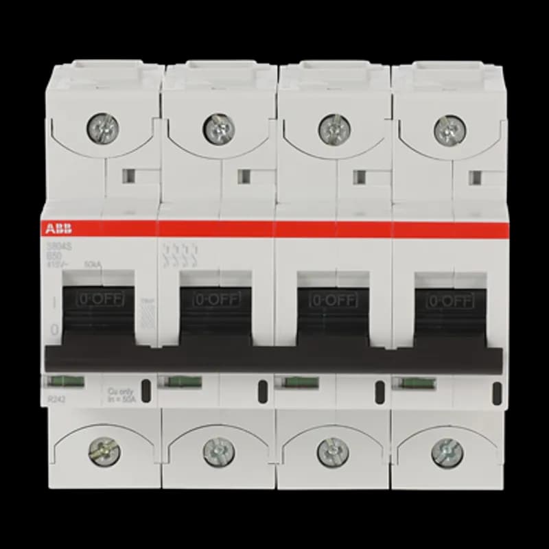 The S804S-B50 is a 4-pole High Performance Circuit breaker with B-characteristic, with cage terminal and a rated current of 50 A. It is a current limiting device with a maximum breaking capacity of 50kA at 240/415V. It can be used for voltages up to 400/690V and in DC as well. It has two different tripping mechanisms, the thermal tripping mechanism for overload protection and the electromechanic tripping mechanism for short circuit protection. The S804S-B50 complies with IEC/EN 60898-1 and IEC/EN 60947-2 and allows the use for residential, commercial and industrial applications. It has numerous of approvals, therefore it can be used worldwide. The extensive range of accessory makes the use of S804S-B50 more comfortable. Due to the fast arc extinction of S804S-B50 your application will be secured.