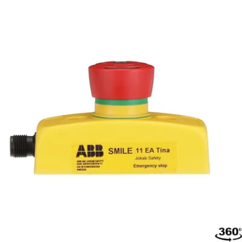 Emergency stop button in Smile enclosure, Tina adaptation unit to DYNlink included, Status LED in button, 1 x M12-5 male connector.