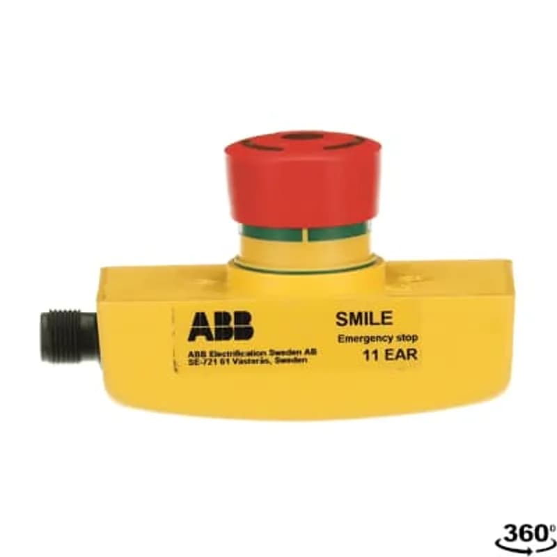 Emergency stop button in Smile enclosure, 2 x NC, Status LED in button, 1 x M12-5 male connector, reversed button attachement (from bottom).