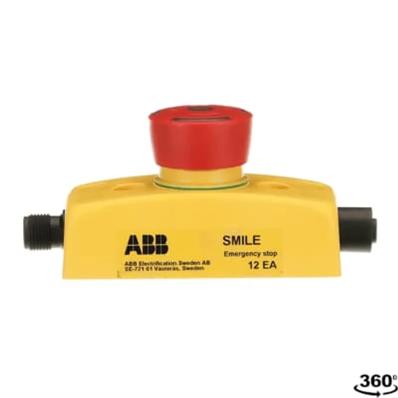 Emergency stop button in Smile enclosure, 2 x NC, Status LED in button, 1 x M12-5 male connector and 1 x M12-5 female connector.