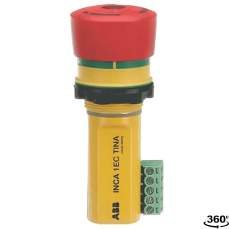 Emergency stop button for panel mounting, 22.5 mm holes, Tina adaptation to DYNlink and StatusBus functionality, Indication LED in button, detachable terminal blocks.