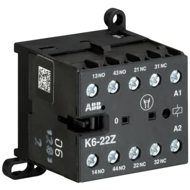 The K6-22Z mini contactor relay is a compact 4 pole contactor relay with screw terminals. They are ideally suited for applications where reliability is a must and space is at a premium. Mini contactors relays are used in residential buldings, commercial buildings and industrial applications for switching of control signals up to 3 A / 400 V (AC-15). Further features are the silent coil, a switch position indication and the integrated possibility for rail or wall mounting.