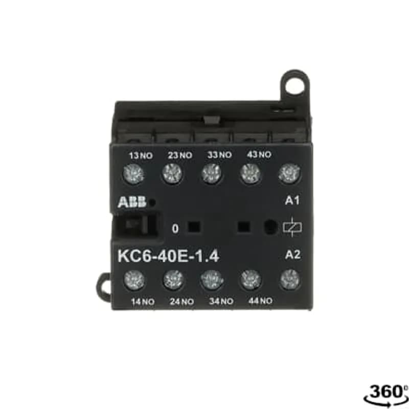 ABB - Electrification KC6-40E-1.4 - The KC6-40E mini contactor relay is a compact 4 pole contactor relay with screw terminals. They are ideally suited for applications where reliability is a must and space is at a premium. Mini contactors relays are used in residential buldings, commercial buildings and industrial applications for switching of control signals up to 3 A / 400 V (AC-15). Due to the low coil consumption, this device can be directly controlled by a PLC. Further features are the noiseless and hum-free coil and a a switch position indication.