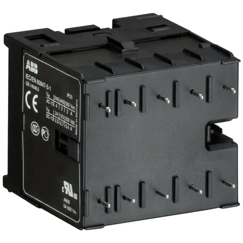 ABB - Electrification K6-40E-P-80 - The K6-40E-P mini contactor relay is a compact 4 pole contactor relay with soldering pins. They are ideally suited for applications where reliability is a must and space is at a premium. Mini contactors relays are used in residential buldings, commercial buildings and industrial applications for switching of control signals up to 3 A / 400 V (AC-15). Further features are the silent coil, a switch position indication and the integrated possibility for rail mounting.