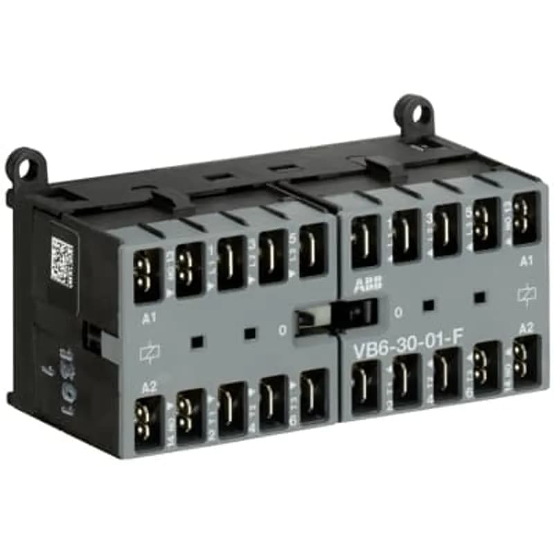 ABB - Electrification VB6-30-01-F01 - The VB6-30-01-F mini reversing contactor is a compact 3 pole contactor with 1 auxiliary contact, flat pin connection and normal mechanical interlock. They are ideally suited for applications where reliability is a must and space is at a premium. Mini reversing contactors are used in residential buldings, commercial buildings and industrial applications for the control of three-phase motor loads up to 4 kW (AC-3). Further features are the silent coil, a switch position indication and the integrated possibility for rail or wall mounting.