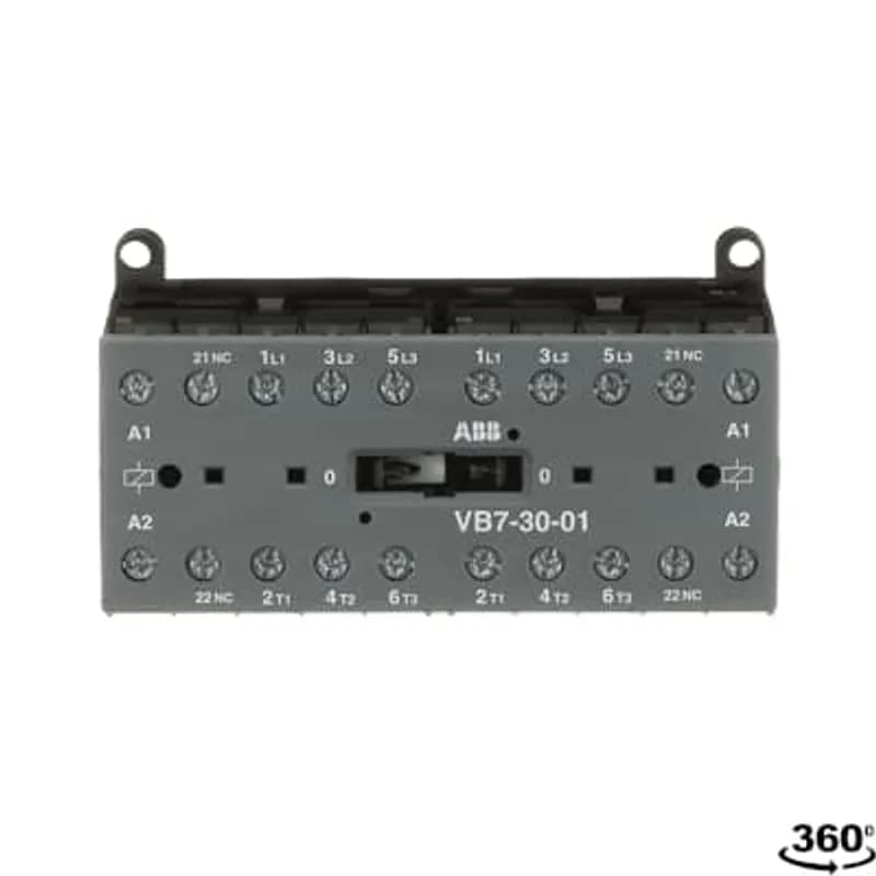 The VB7-30-01 mini reversing contactor is a compact 3 pole contactor with 1 auxiliary contact, screw terminals and normal mechanical interlock. They are ideally suited for applications where reliability is a must and space is at a premium. Mini reversing contactors are used in residential buldings, commercial buildings and industrial applications for the control of three-phase motor loads up to 5.5 kW (AC-3). Further features are the silent coil, a switch position indication and the integrated possibility for rail or wall mounting.