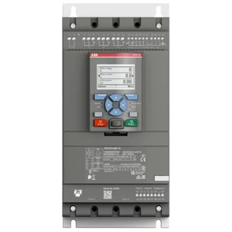 The softstarter PSTX72-690-70 has a rated maximum operational current of 72 A with an operating voltage span from 208...690 V AC. The rated control voltage is between 100...250 V AC at 50/60 Hz. PSTX features a three-phase control soft start and stop through a voltage or a torque ramp. It has built-in bypass for easy installation and energy saving. A RUN, TOR and Event signal is available from relay outputs in NO (normally open state). The PSTX has functions such as current limit, kickstart, analog output, EOL, motor heating and pump cleaning. PSTX also features features jog, braking, stand-still brake, diagnostics, sequence start and emergency/fire pump mode as standard.To interact with PSTX, it has a detachable full graphic display with IP66 and 4x outdoor rating. There are four ways to communicate with PSTX. It can be done by hardwire inputs Start/Stop/Reset of fault, and by three programmable digital inputs. Another popular option is the built-in Fieldbus communication Modbus RTU and incl optional ANYBUS modules with every major protocol such as for example Profinet, Profibus, Modbus TCP, Ethernet IP and others. Another way to communicate with PSTX is to use an external adaptor and a Fieldbus plug. PSTX is the complete alternative for any motor starting application. It’s suitable for medium to large-sized three-phase motors with nominal currents from 30...1250 A inline connection or 52...2160 A inside delta connection. Typical applications are, for example, pumps, fans, compressors, and conveyors.