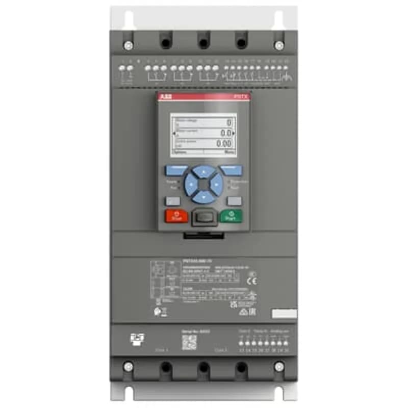 The softstarter PSTX45-690-70 has a rated maximum operational current of 45 A with an operating voltage span from 208...690 V AC. The rated control voltage is between 100...250 V AC at 50/60 Hz. PSTX features a three-phase control soft start and stop through a voltage or a torque ramp. It has built-in bypass for easy installation and energy saving. A RUN, TOR and Event signal is available from relay outputs in NO (normally open state). The PSTX has functions such as current limit, kickstart, analog output, EOL, motor heating and pump cleaning. PSTX also features features jog, braking, stand-still brake, diagnostics, sequence start and emergency/fire pump mode as standard.To interact with PSTX, it has a detachable full graphic display with IP66 and 4x outdoor rating. There are four ways to communicate with PSTX. It can be done by hardwire inputs Start/Stop/Reset of fault, and by three programmable digital inputs. Another popular option is the built-in Fieldbus communication Modbus RTU and incl optional ANYBUS modules with every major protocol such as for example Profinet, Profibus, Modbus TCP, Ethernet IP and others. Another way to communicate with PSTX is to use an external adaptor and a Fieldbus plug. PSTX is the complete alternative for any motor starting application. It’s suitable for medium to large-sized three-phase motors with nominal currents from 30...1250 A inline connection or 52...2160 A inside delta connection. Typical applications are, for example, pumps, fans, compressors, and conveyors.