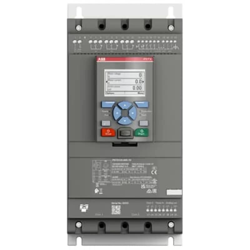 The softstarter PSTX105-600-70 has a rated maximum operational current of 105 A with an operating voltage span from 208...600 V AC. The rated control voltage is between 100...250 V AC at 50/60 Hz. PSTX features a three-phase control soft start and stop through a voltage or a torque ramp. It has built-in bypass for easy installation and energy saving. A RUN, TOR and Event signal is available from relay outputs in NO (normally open state). The PSTX has functions such as current limit, kickstart, analog output, EOL, motor heating and pump cleaning. PSTX also features features jog, braking, stand-still brake, diagnostics, sequence start and emergency/fire pump mode as standard.To interact with PSTX, it has a detachable full graphic display with IP66 and 4x outdoor rating. There are four ways to communicate with PSTX. It can be done by hardwire inputs Start/Stop/Reset of fault, and by three programmable digital inputs. Another popular option is the built-in Fieldbus communication Modbus RTU and incl optional ANYBUS modules with every major protocol such as for example Profinet, Profibus, Modbus TCP, Ethernet IP and others. Another way to communicate with PSTX is to use an external adaptor and a Fieldbus plug. PSTX is the complete alternative for any motor starting application. It’s suitable for medium to large-sized three-phase motors with nominal currents from 30...1250 A inline connection or 52...2160 A inside delta connection. Typical applications are, for example, pumps, fans, compressors, and conveyors.