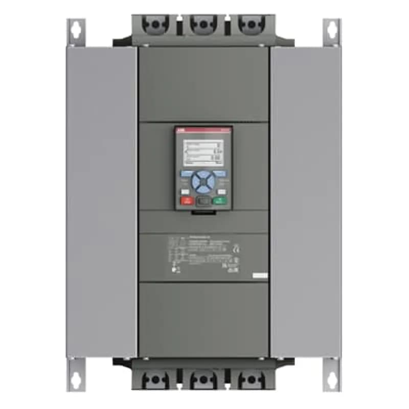 ABB - Electrification PSTX470-600-70 - The softstarter PSTX470-600-70 has a rated maximum operational current of 470 A with an operating voltage span from 208...600 V AC. The rated control voltage is between 100...250 V AC at 50/60 Hz. PSTX features a three-phase control soft start and stop through a voltage or a torque ramp. It has built-in bypass for easy installation and energy saving. A RUN, TOR and Event signal is available from relay outputs in NO (normally open state). The PSTX has functions such as current limit, kickstart, analog output, EOL, motor heating and pump cleaning. PSTX also features features jog, braking, stand-still brake, diagnostics, sequence start and emergency/fire pump mode as standard.To interact with PSTX, it has a detachable full graphic display with IP66 and 4x outdoor rating. There are four ways to communicate with PSTX. It can be done by hardwire inputs Start/Stop/Reset of fault, and by three programmable digital inputs. Another popular option is the built-in Fieldbus communication Modbus RTU and incl optional ANYBUS modules with every major protocol such as for example Profinet, Profibus, Modbus TCP, Ethernet IP and others. Another way to communicate with PSTX is to use an external adaptor and a Fieldbus plug. PSTX is the complete alternative for any motor starting application. It’s suitable for medium to large-sized three-phase motors with nominal currents from 30...1250 A inline connection or 52...2160 A inside delta connection. Typical applications are, for example, pumps, fans, compressors, and conveyors.