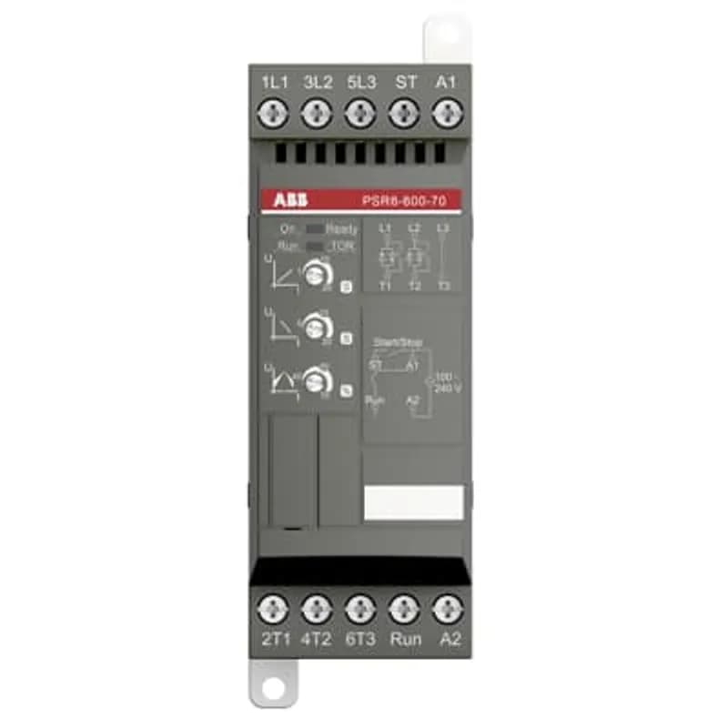 The softstarter PSR6-600-70 has a rated maximum operational current of 6 A with an operating voltage span from 208...600 V AC. The rated control voltage is between 100...240 V AC at 50/60 Hz. PSR features a two-phase control soft start and stop through a voltage ramp. It has built-in bypass for easy installation and energy saving. A RUN signal is available from a relay output in NO (normally open state). The start/stop ramp and time is easy to set by three potentiometers on the front. PSR is often used in combination with a manual motor starter (MMS) from ABB, so mechanical connection kits are available. Another popular option is Fieldbus communication, which can be enabled by an external adaptor and a Fieldbus plug. The PSR range is our most compact softstarters with basic functionality and values. They are suitable for small three-phase motors with nominal currents from 3...105 A and can manage up to 100 starts per hour. Common applications are, for example, pumps, fans, compressors, and conveyors.