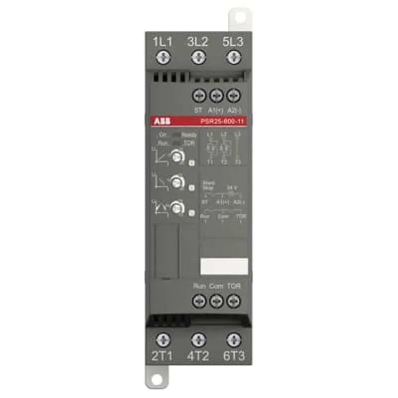 The softstarter PSR25-600-11 has a rated maximum operational current of 25 A with an operating voltage span from 208...600 V AC. The rated control voltage is 24 V AC/DC. PSR features a two-phase control soft start and stop through a voltage ramp. It has built-in bypass for easy installation and energy saving. A RUN and a TOR signal is available from a relay output in NO (normally open state). The start/stop ramp and time is easy to set by three potentiometers on the front. PSR is often used in combination with a manual motor starter (MMS) from ABB, so mechanical connection kits are available. Another popular option is Fieldbus communication, which can be enabled by an external adaptor and a Fieldbus plug. The PSR range is our most compact softstarters with basic functionality and values. They are suitable for small three-phase motors with nominal currents from 3...105 A and can manage up to 100 starts per hour. Common applications are, for example, pumps, fans, compressors, and conveyors.