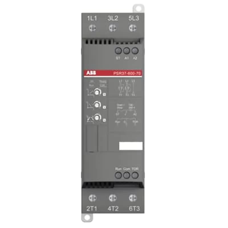The softstarter PSR37-600-70 has a rated maximum operational current of 37 A with an operating voltage span from 208...600 V AC. The rated control voltage is between 100...240 V AC at 50/60 Hz. PSR features a two-phase control soft start and stop through a voltage ramp. It has built-in bypass for easy installation and energy saving. A RUN and a TOR signal is available from a relay output in NO (normally open state). The start/stop ramp and time is easy to set by three potentiometers on the front. PSR is often used in combination with a manual motor starter (MMS) from ABB, so mechanical connection kits are available. Another popular option is Fieldbus communication, which can be enabled by an external adaptor and a Fieldbus plug. The PSR range is our most compact softstarters with basic functionality and values. They are suitable for small three-phase motors with nominal currents from 3...105 A and can manage up to 100 starts per hour. Common applications are, for example, pumps, fans, compressors, and conveyors.