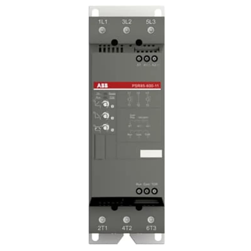ABB - Electrification PSR85-600-11 - The softstarter PSR85-600-11 has a rated maximum operational current of 85 A with an operating voltage span from 208...600 V AC. The rated control voltage is 24 V AC/DC. PSR features a two-phase control soft start and stop through a voltage ramp. It has built-in bypass for easy installation and energy saving. A RUN and a TOR signal is available from a relay output in NO (normally open state). The start/stop ramp and time is easy to set by three potentiometers on the front. PSR is often used in combination with a manual motor starter (MMS) from ABB, so mechanical connection kits are available. Another popular option is Fieldbus communication, which can be enabled by an external adaptor and a Fieldbus plug. The PSR range is our most compact softstarters with basic functionality and values. They are suitable for small three-phase motors with nominal currents from 3...105 A and can manage up to 100 starts per hour. Common applications are, for example, pumps, fans, compressors, and conveyors.