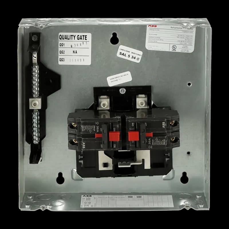 ABB - Electrification TMQ830FCUGEN - ReliaHome generator panels maintain power to such critical circuits as those for furnace, pump, refrigerator, and lights. It features a connected dual breaker mechanism that ensures that only one source is active at a time. Generator panels ensure safety and convenience when using a generator; with a 14,000 peak wattage, 11,520 continuous load, and 48 amps at 240 volts. The TMQ830FCUGEN features a main breaker, spaces for 8, 1" breakers, a 300A main bus ampere, a copper bus, and a flush enclosure.