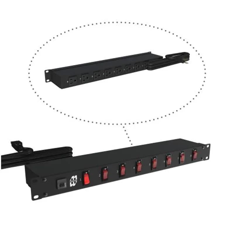 19-inch Rack Mount Outlet Strip, 15A, 8 Switches & 8 Outlets, 6 ft cord, Black