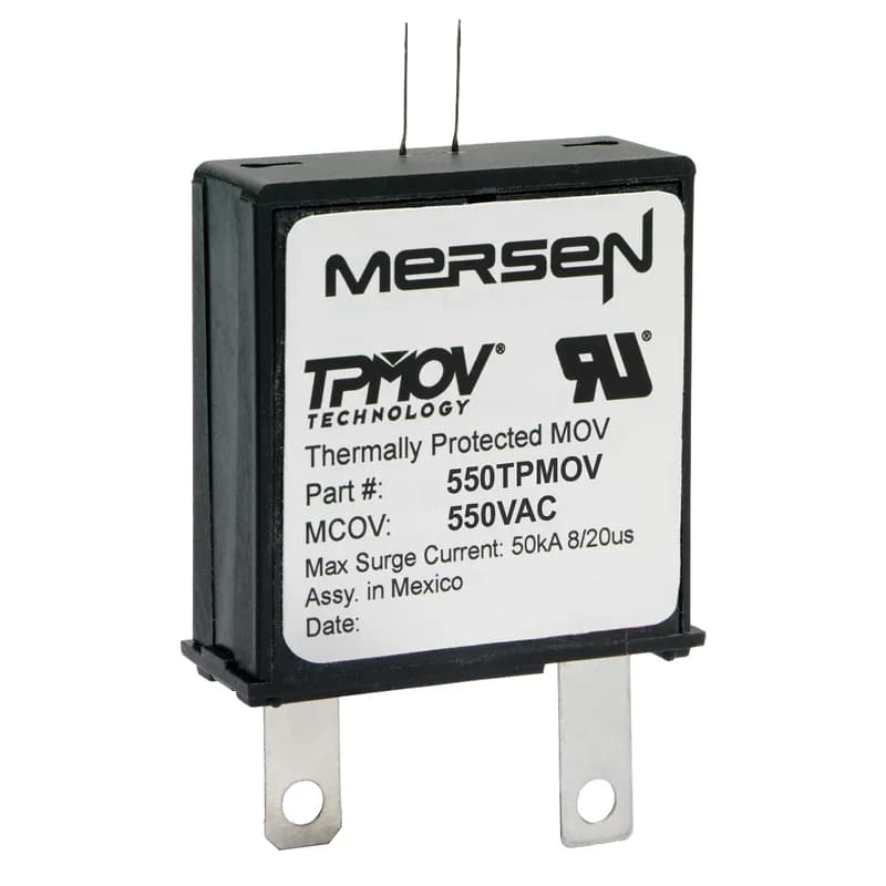 Mersen's patented TPMOV® (Thermally Protected Metal Oxide Varistor ) eliminates common destructive failure modes associated with standard MOVs. Comprised of a voltage clamping device and a disconnecting apparatus that monitors the status of the metal oxide disk inside the TPMOV, the device is securely disconnected in the event of an overvoltage by an arc shield. Upon failure, the TPMOV is also equipped with a visual pin indicator as well as a normally open microswitch providing remote indication, if applicable. 550 Volts standard series.