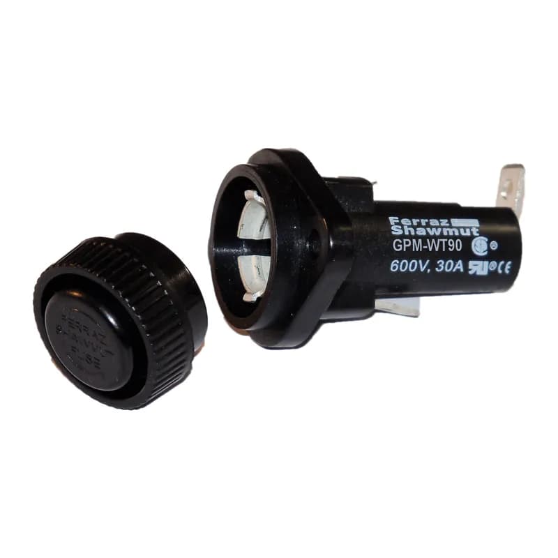 Fuse Block 600VAC 600VDC 30A 1/4in Quick Connect / Solder 90 angle Water-tight Screw Knob Panel Mount