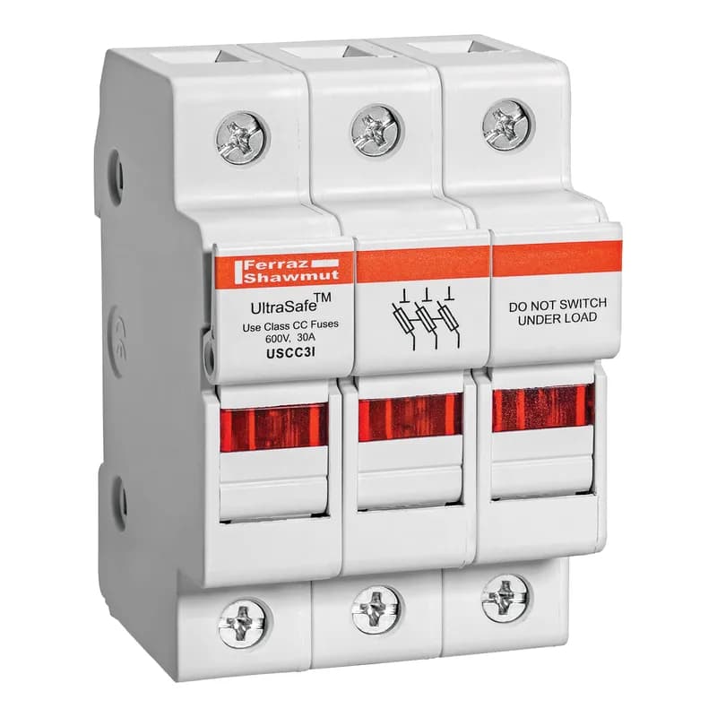 Fuse Holder UltraSafe™ 600VAC 600VDC Class CC 30A 3-Pole LED Pressure Plate IP6520